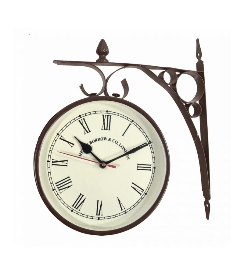 Retro Stationsklok groot metaal donkerbruin 30x8 cm